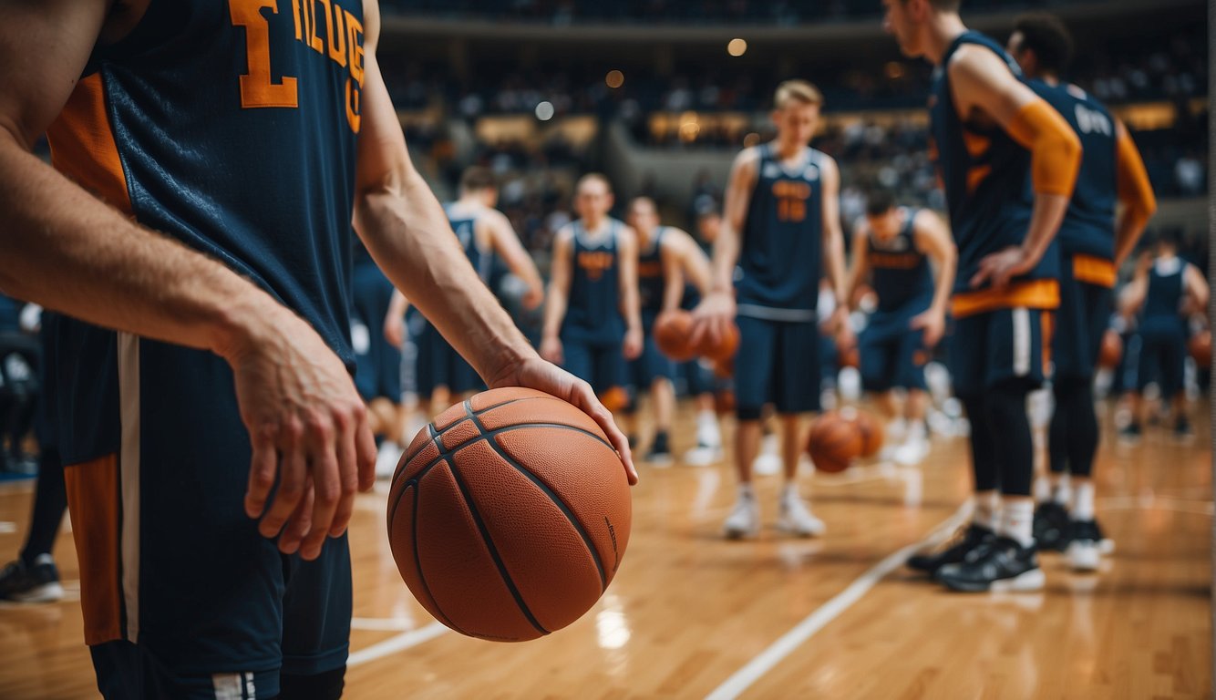 Players stretching, warming up, and practicing shooting before a basketball game. Water bottles, towels, and basketballs scattered on the court