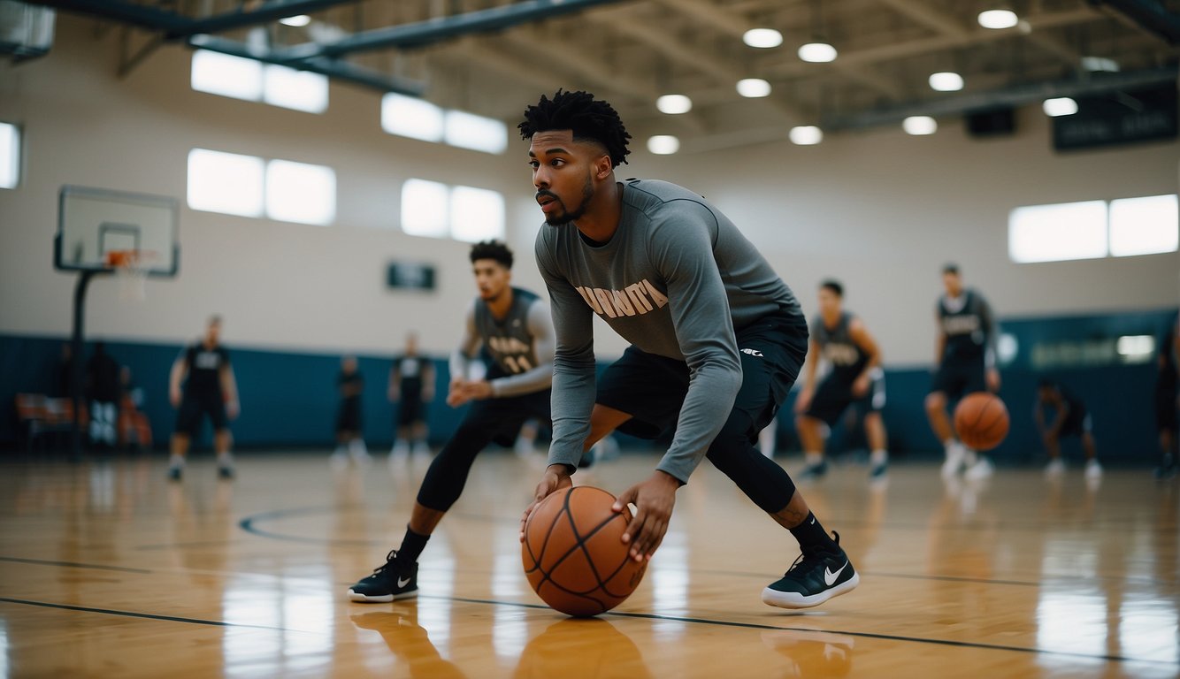 Players stretching, warming up, and practicing dribbling and shooting on the basketball court before the game