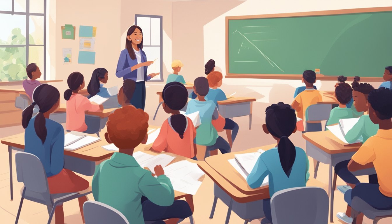 Students sitting at desks in a brightly lit classroom, with a whiteboard at the front and a teacher explaining a lesson
