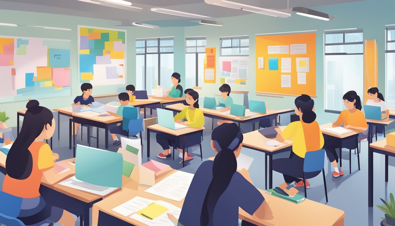 Students studying in bright, modern tuition centers in Singapore, with colorful study materials and engaged teachers