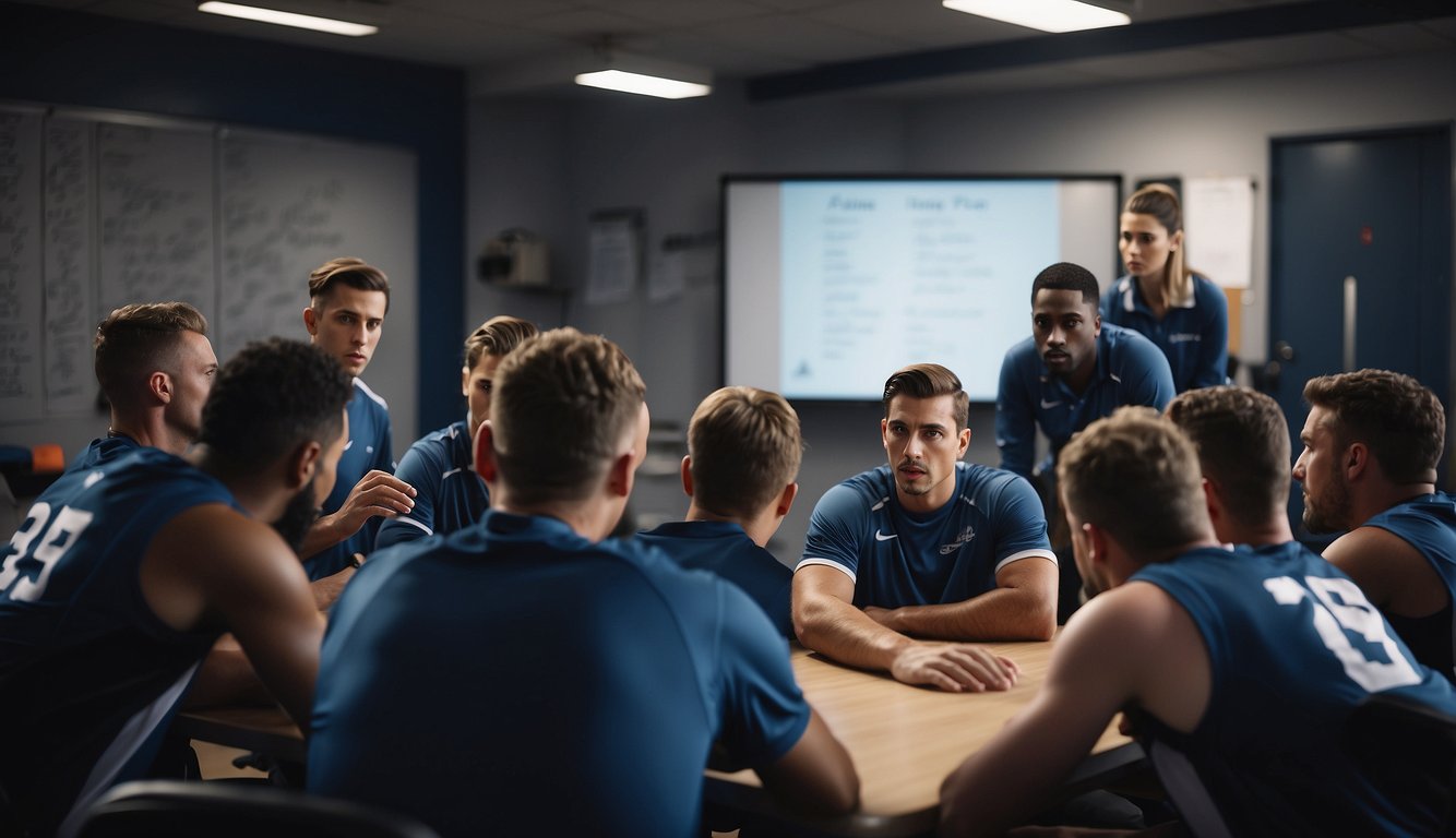 Players huddle, discussing game plan. Coach points to whiteboard, illustrating plays. Teammates listen attentively, nodding in agreement