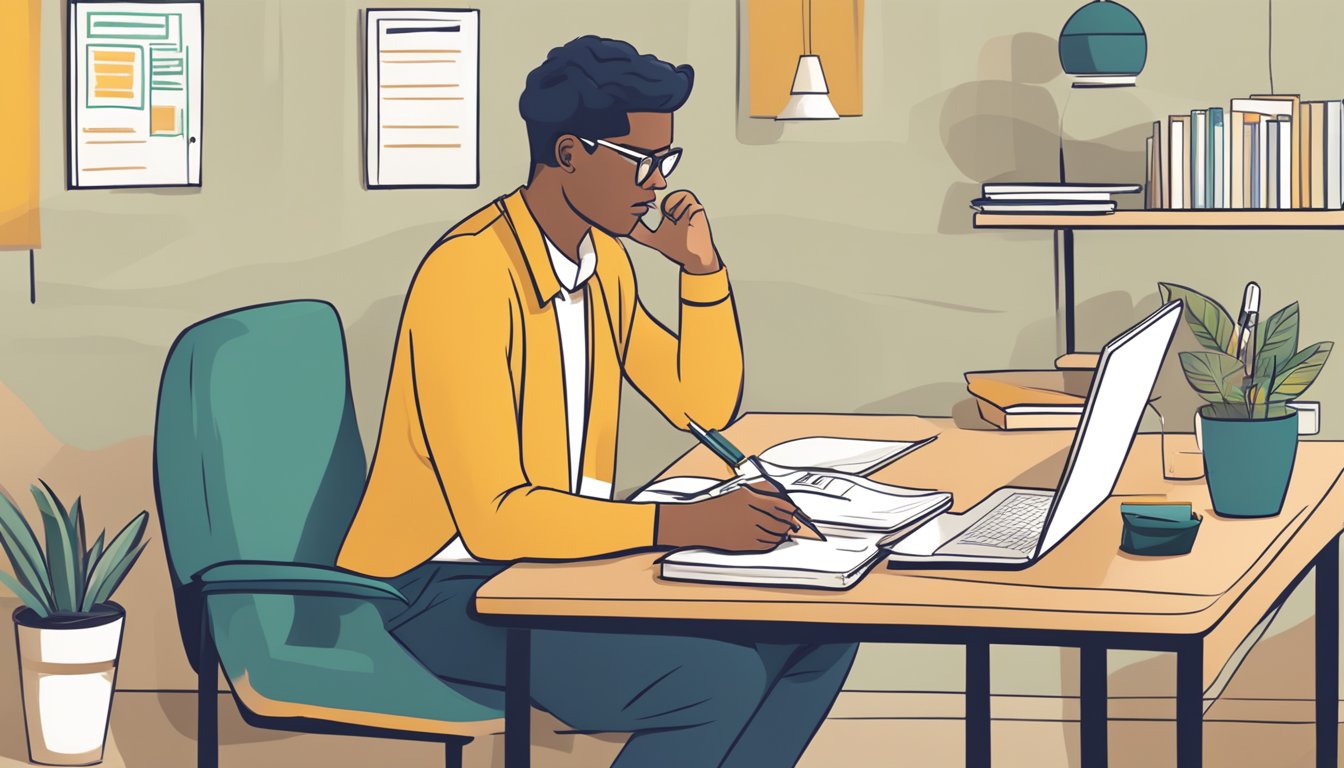 A parent researching tuition options online, comparing reviews and prices, with a notebook and pen nearby