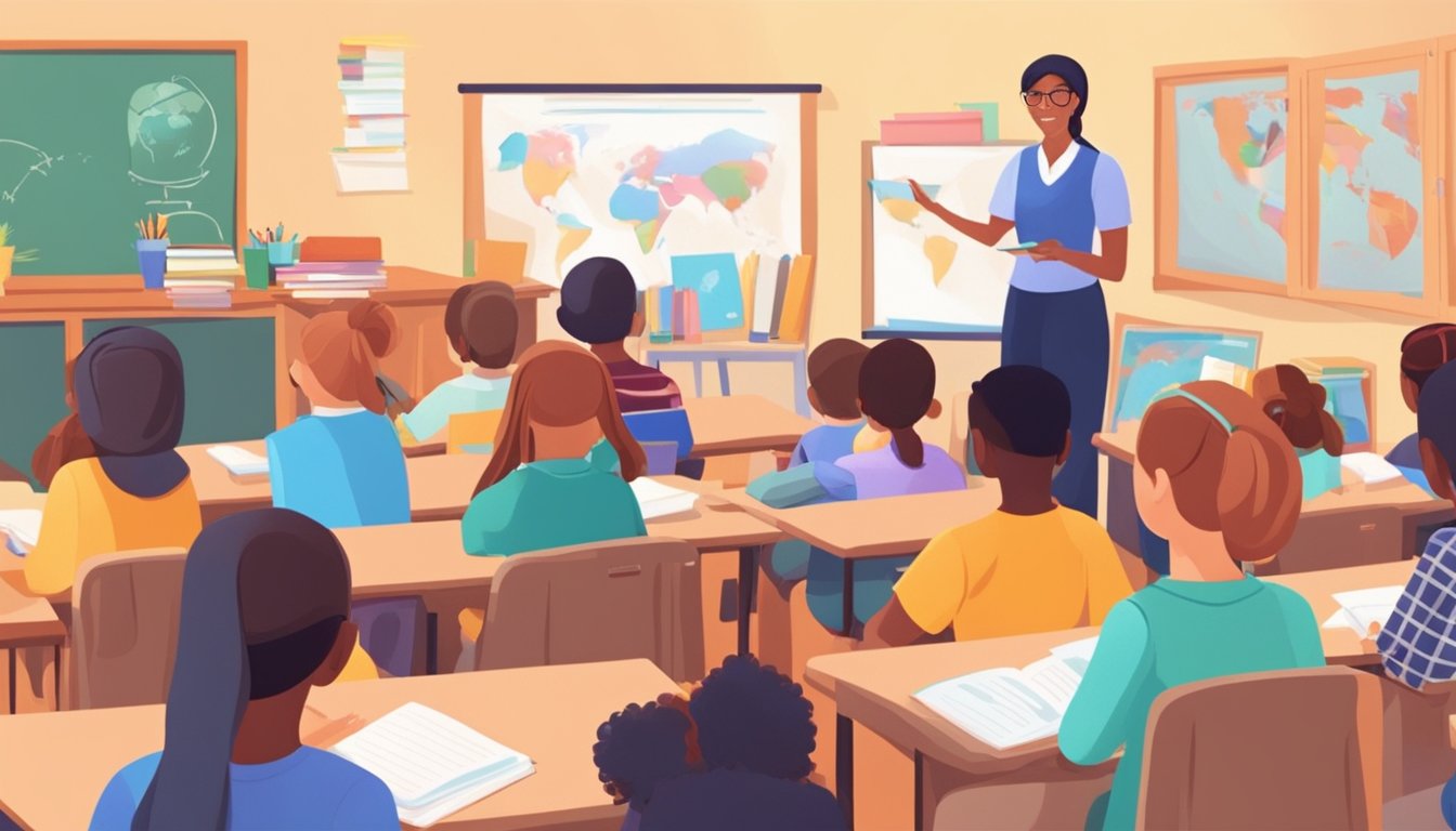 A group of students sit attentively in a bright classroom, surrounded by books and educational materials, while a teacher stands at the front, answering questions and providing guidance