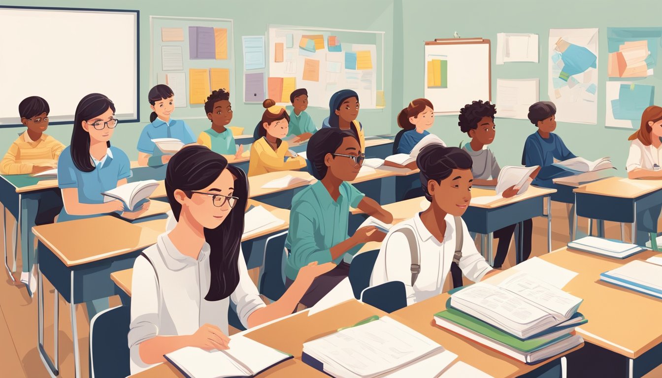A group of students sit at desks in a bright classroom, listening attentively to a teacher at a whiteboard. Books and notebooks are open on the desks