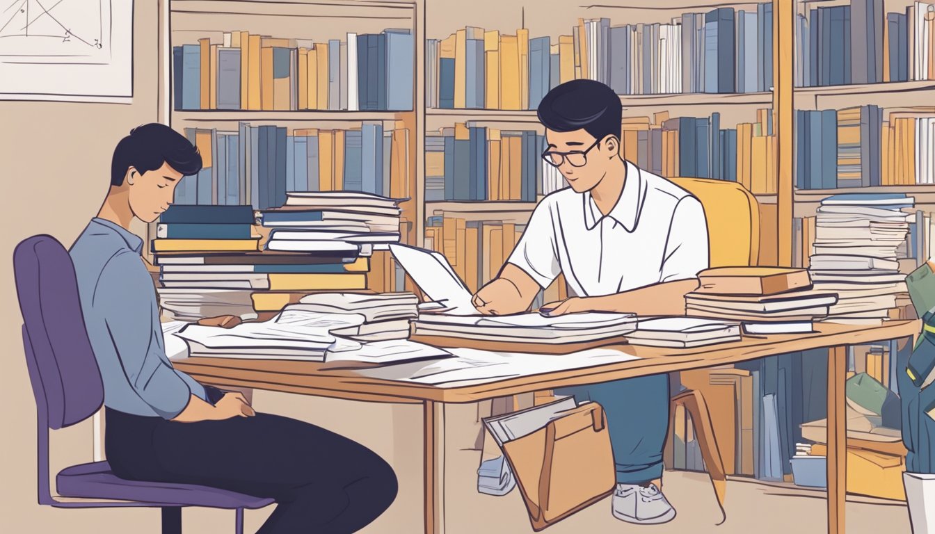 A student sits at a desk, surrounded by books and notes, receiving SAT tuition in Singapore. A tutor stands nearby, explaining concepts and answering questions