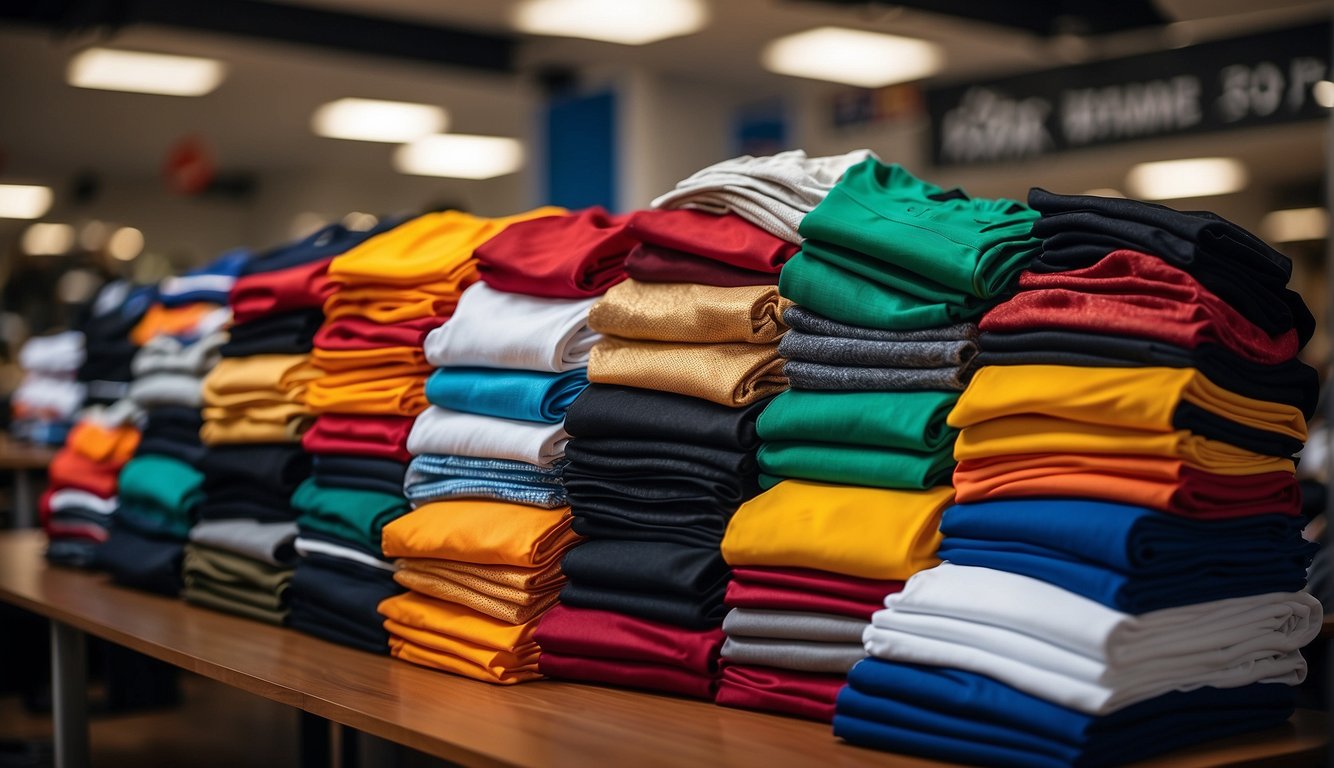 A pile of discount basketball jerseys stacked on a table, with various colors and sizes. Price tags are visible, and a sign advertises the sale