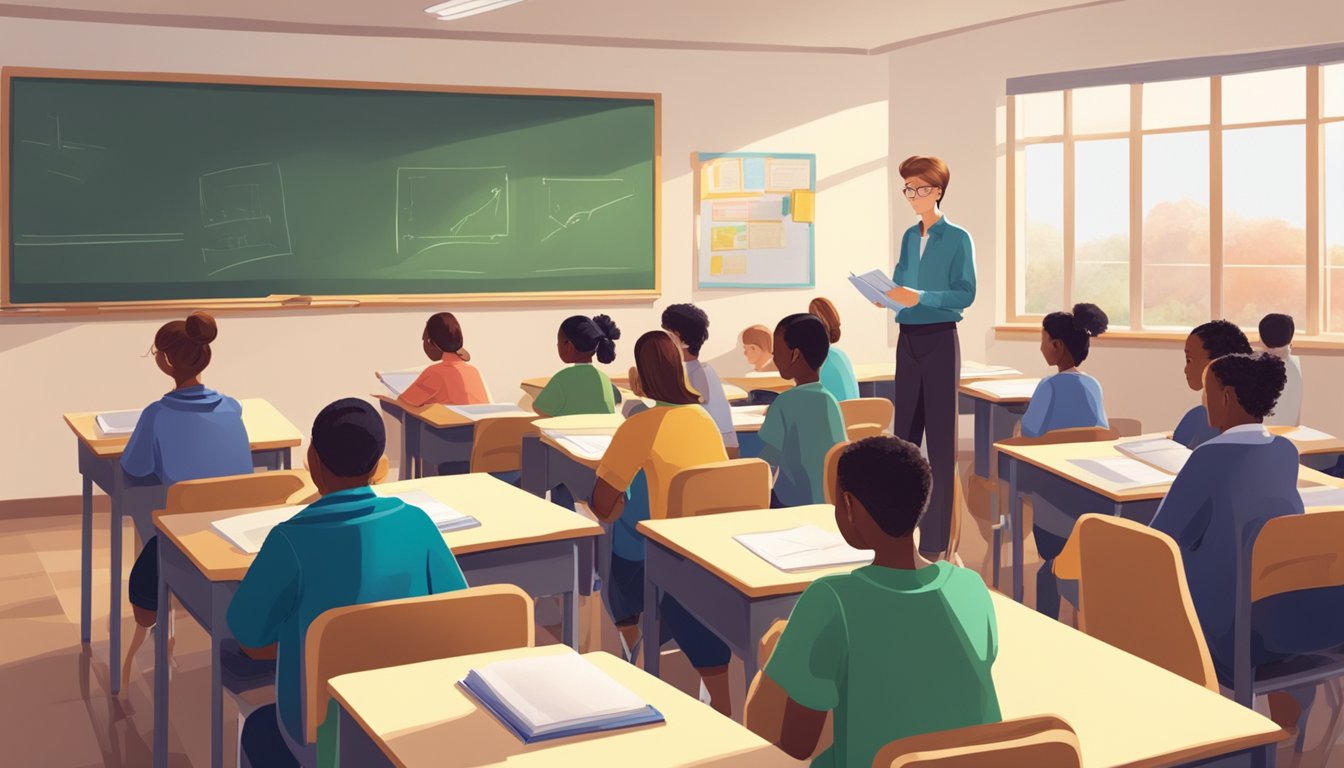 Students sitting in a brightly lit classroom, focused on their workbooks and listening attentively to the tutor