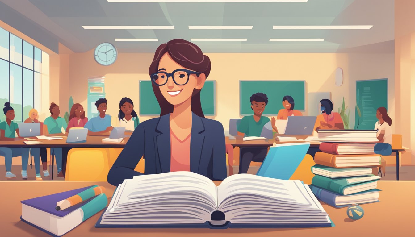 A stack of books with "Frequently Asked Questions" on the cover, surrounded by a group of students in a classroom setting