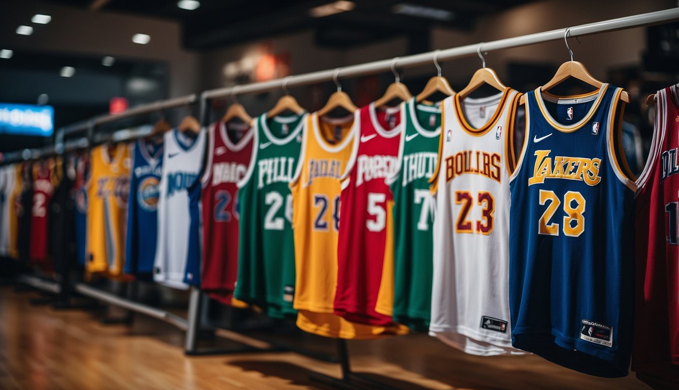 A row of colorful NBA jerseys hanging on display racks in a sports store