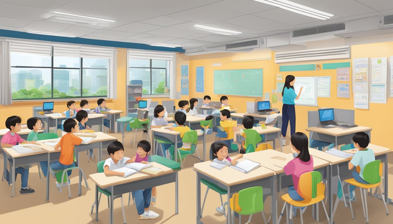 The bustling Ang Mo Kio Hub tuition centre with students studying and teachers instructing in various classrooms