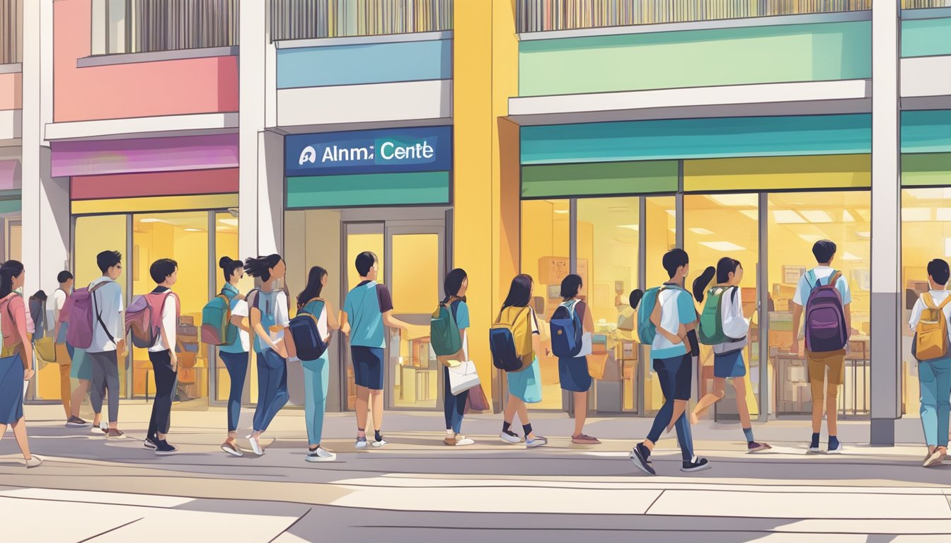 Students entering tuition centres at Ang Mo Kio Hub. Brightly lit, with colorful posters and busy tutors