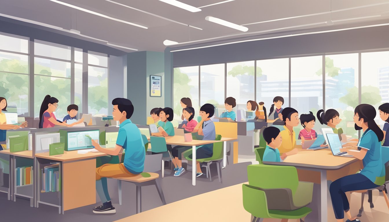 A bustling tuition centre at Ang Mo Kio Hub, with students and parents asking questions at the front desk