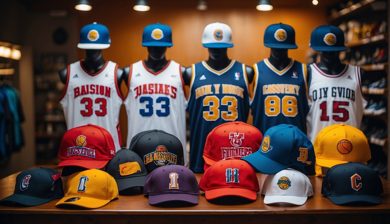 A table displaying various discount basketball jerseys with different team logos and colors, alongside coordinating hats and sneakers