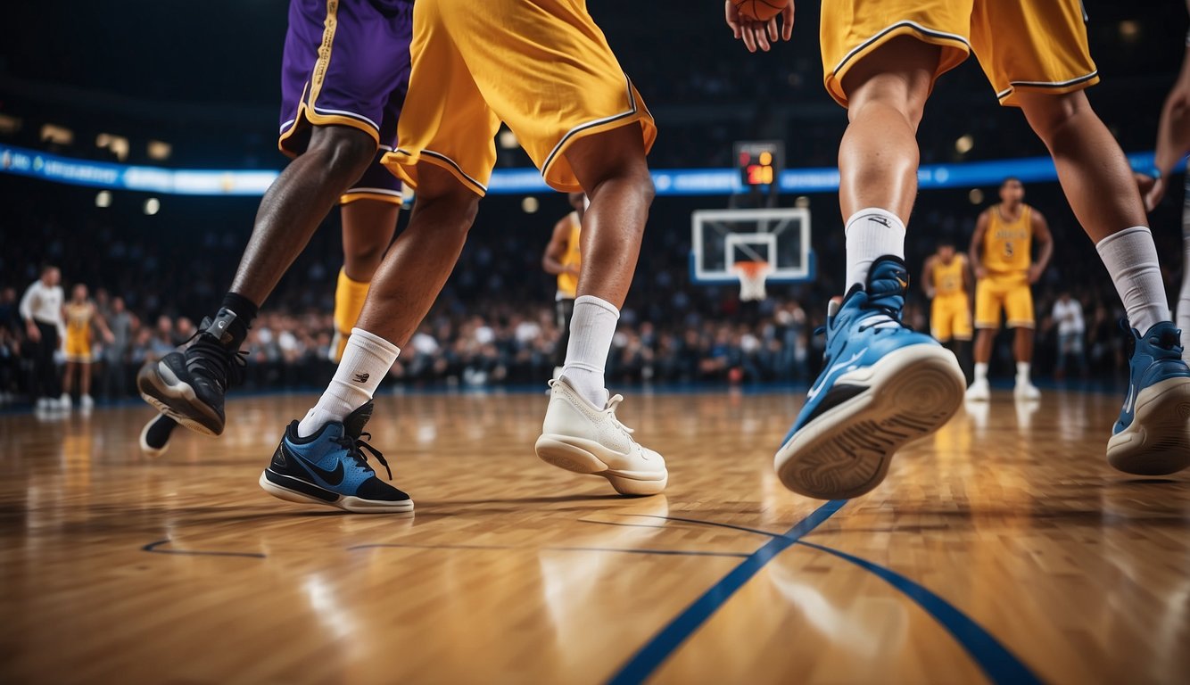 Players dribble, shoot, and pass on a court with hoops and lines. Fans cheer and coaches strategize. The sound of sneakers squeaking fills the air