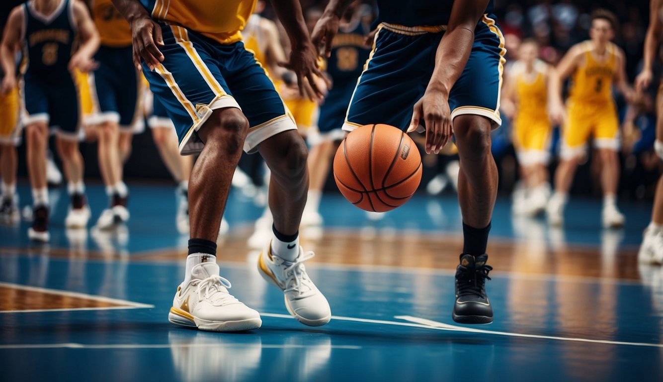 Players dribbling, shooting, and passing on a basketball court with focus and determination