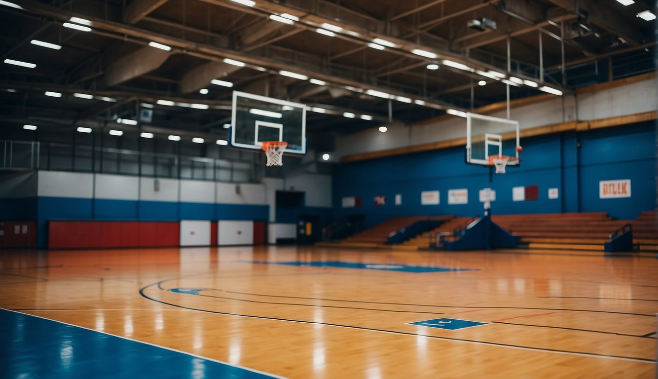 A basketball court with ramp access, Braille signage, and diverse players