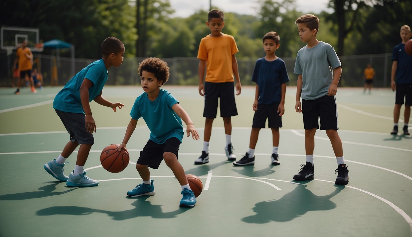 Children dribble, shoot, and practice layups on a basketball court at camp. Coaches instruct and encourage players, while others watch and cheer