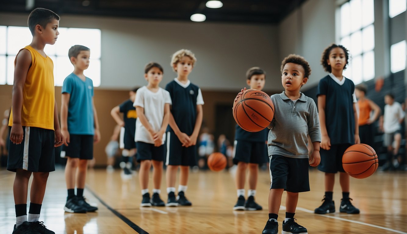 A group of kids dribbling basketballs on a court, while coaches watch and give instructions during a basketball camp