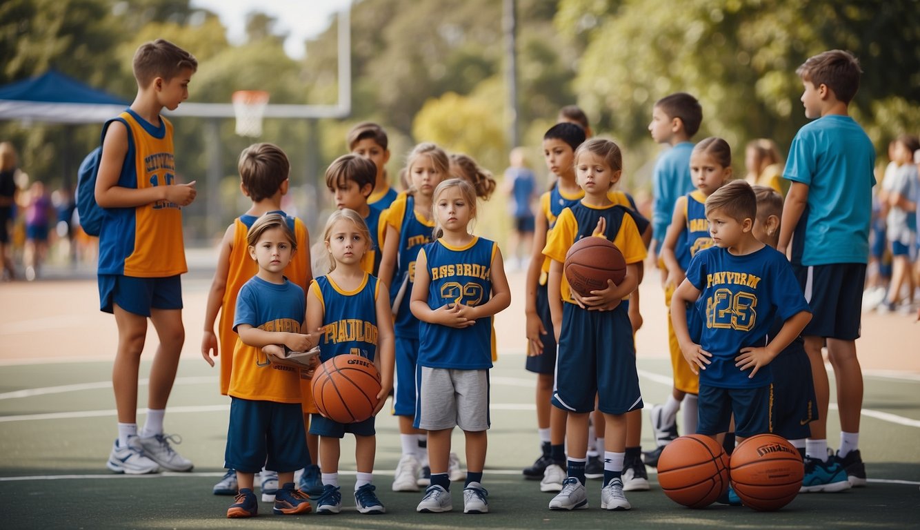 Children lining up to register for basketball camp, with a sign displaying the cost