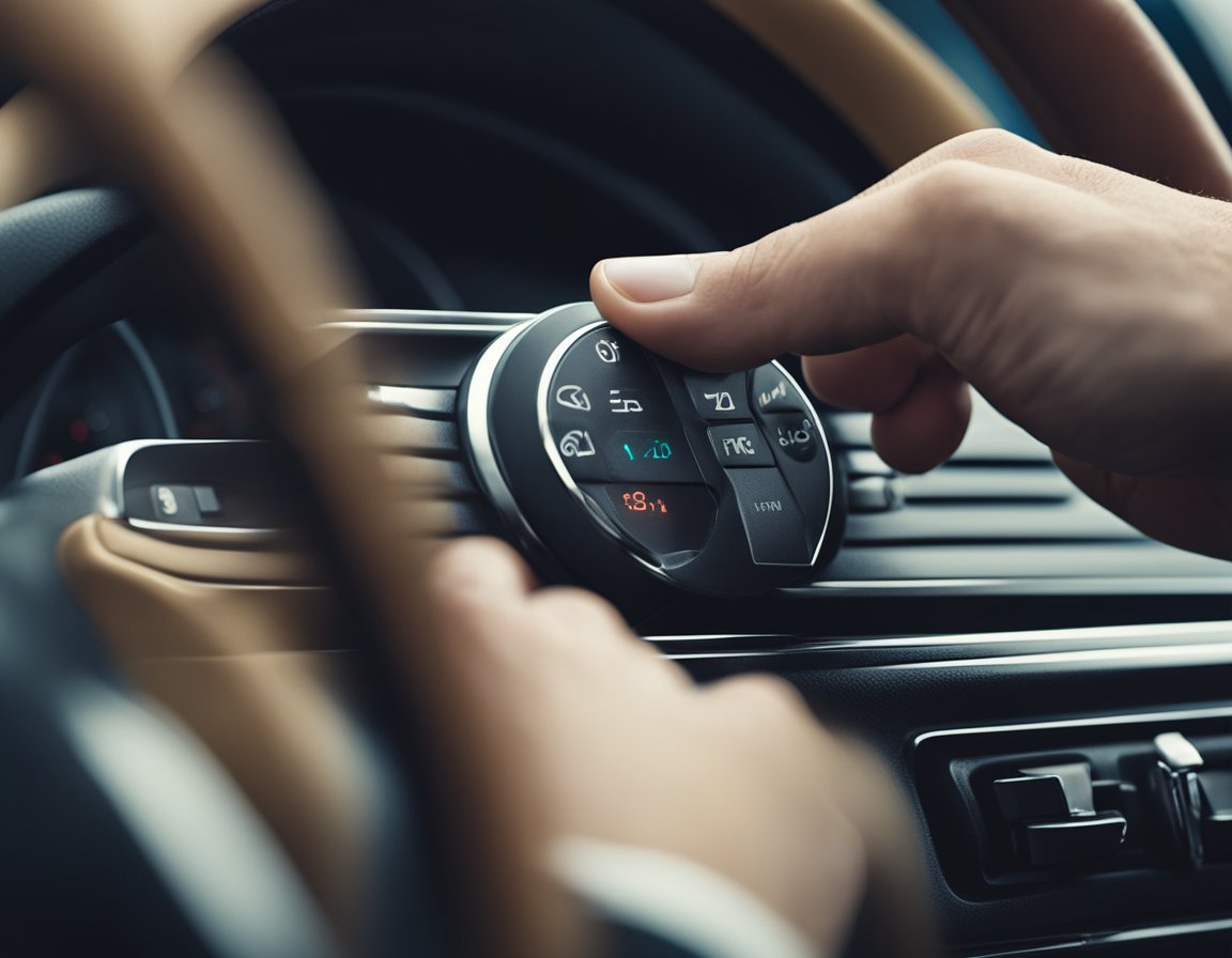 A hand reaching for the passenger airbag off switch, located on the dashboard, with the indicator light showing the airbag is disabled