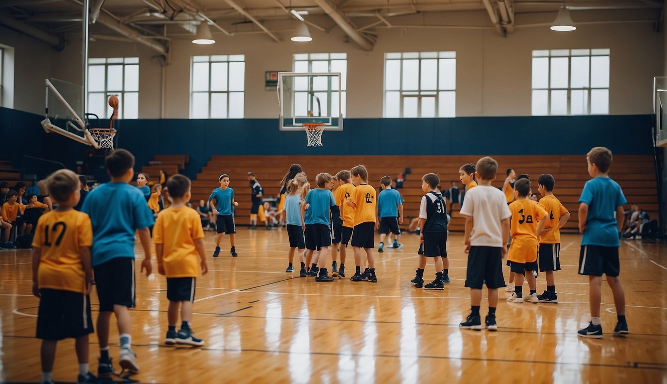 A basketball camp with coaches, kids, and equipment on a court with colorful banners and a scoreboard