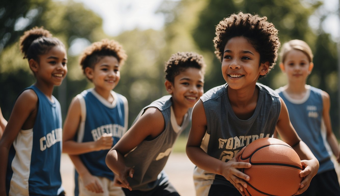 A diverse group of kids playing basketball at camp, with different skin tones, ages, and abilities. The atmosphere is inclusive and welcoming