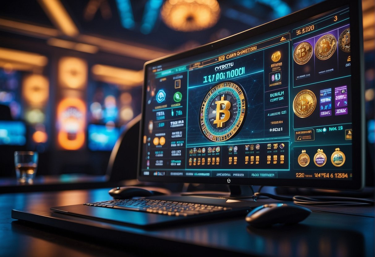 A computer screen displays a digital casino interface with cryptocurrency symbols and game options. A blockchain network is shown in the background, illustrating the technology behind crypto casinos