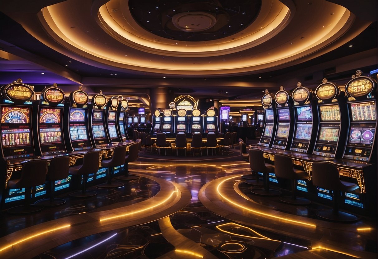 A vibrant casino floor with various crypto games: slots, poker, roulette, and blackjack tables. Digital screens display live crypto prices