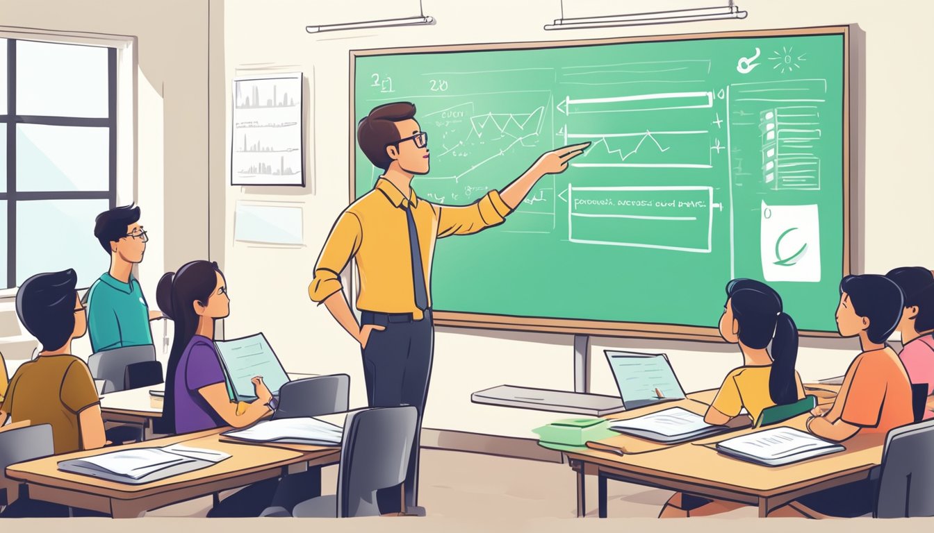 A teacher explains accounting concepts on a whiteboard in a brightly lit classroom in Singapore