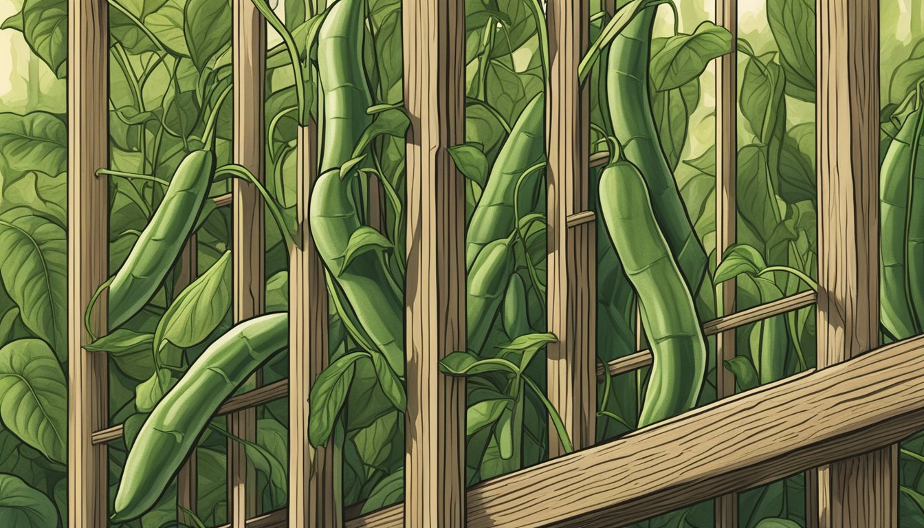 Lush green beans climb wooden trellis in a sunlit garden