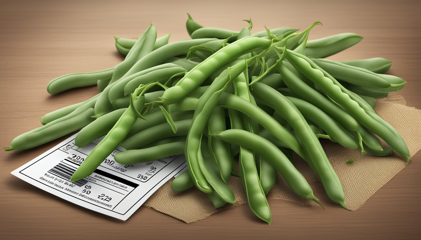 A pile of fresh green beans arranged next to a nutrition label, showcasing their vitamins and minerals. A small banner highlights their health benefits