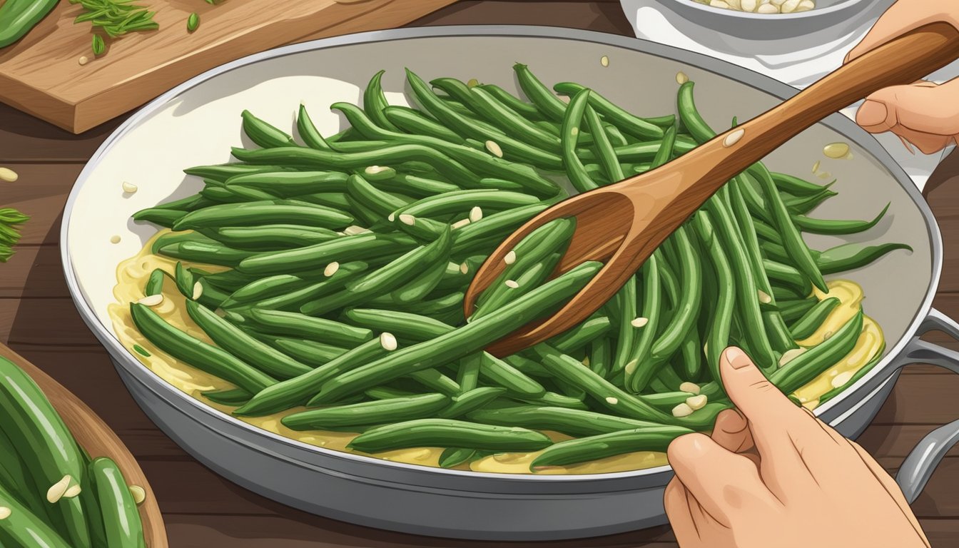 Green beans being sliced and cooked in a pan with olive oil, garlic, and salt. A chef