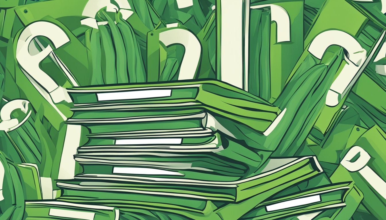 A stack of green bean tuition pamphlets surrounded by question marks