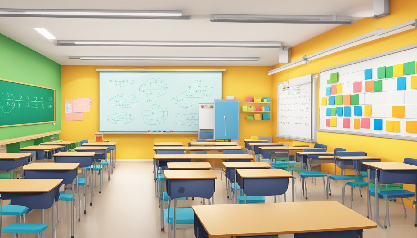 A classroom in Mavis tuition Singapore, with bright, colorful walls and rows of desks. A whiteboard at the front displays math equations