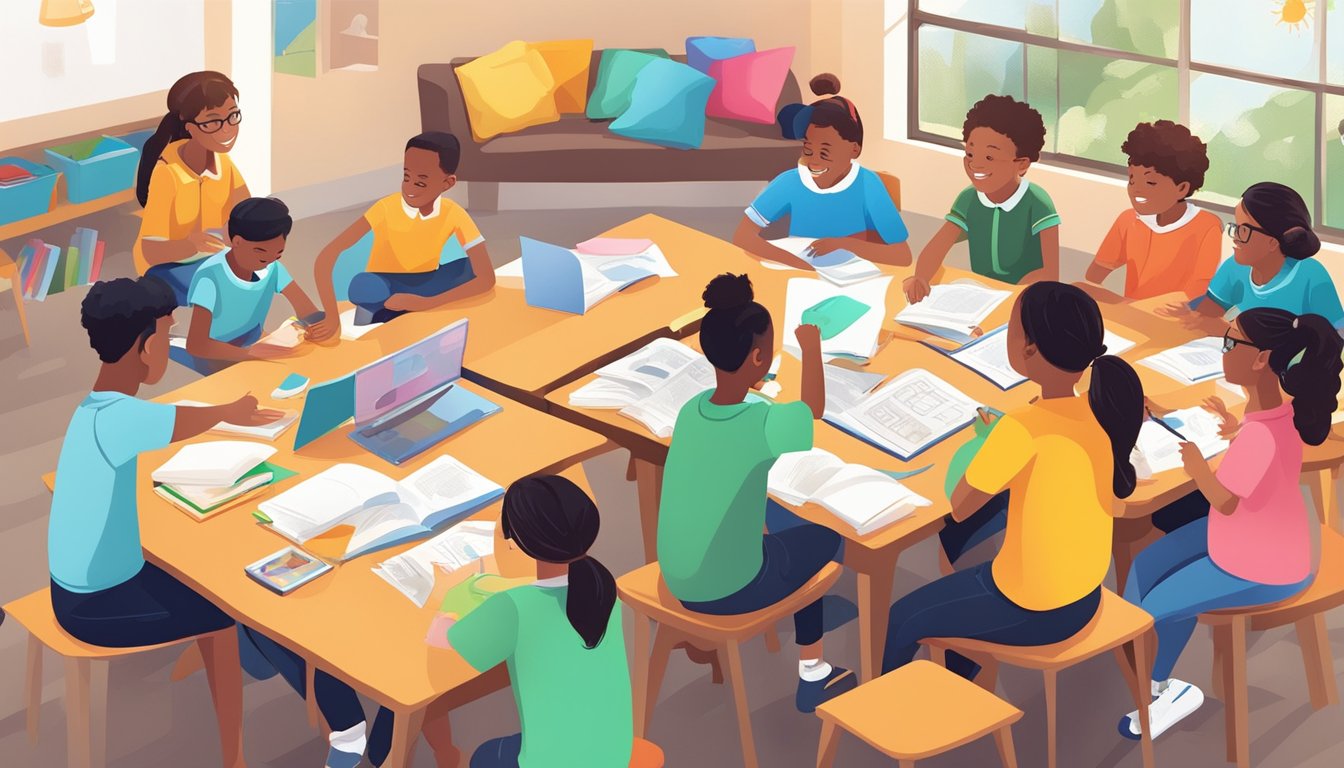 Students eagerly engage in interactive lessons at Mavis Tuition Programmes, surrounded by colorful learning materials and engaged in lively discussions