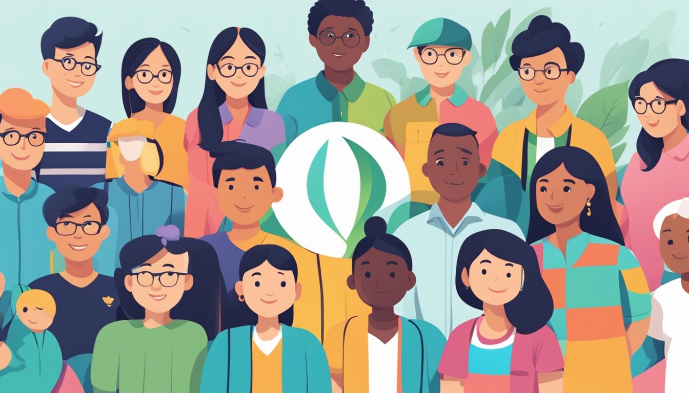 A group of diverse individuals gather around a vibrant logo, symbolizing unity and collaboration within the Mavis Education Community in Singapore