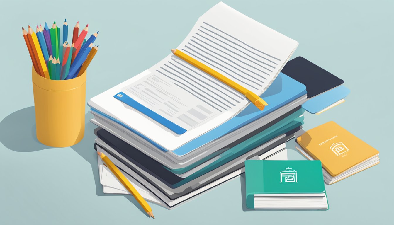 A stack of FAQ sheets with "Mavis Tuition Singapore" logo, surrounded by pencils and a laptop