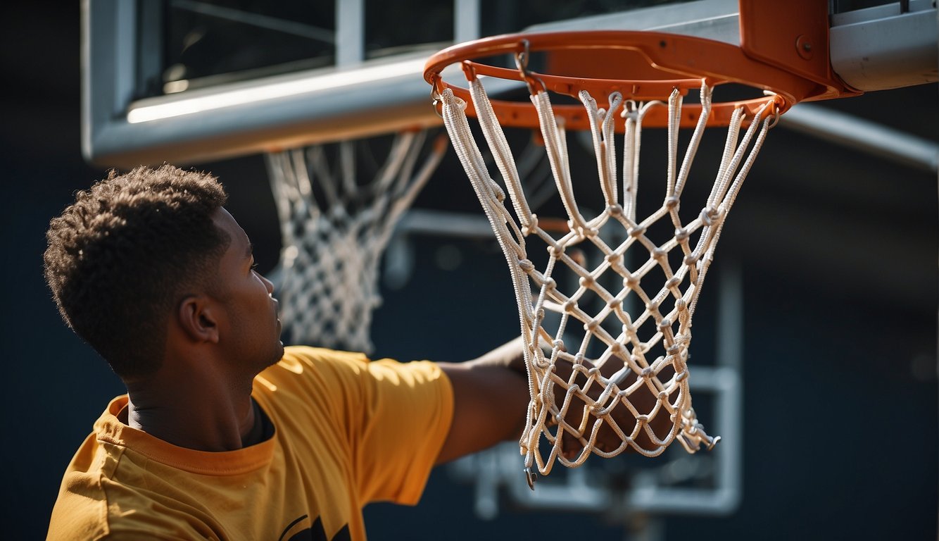 A person holding a wrench tightens the bolts on a basketball hoop. The hoop is slightly tilted and the net is hanging loose