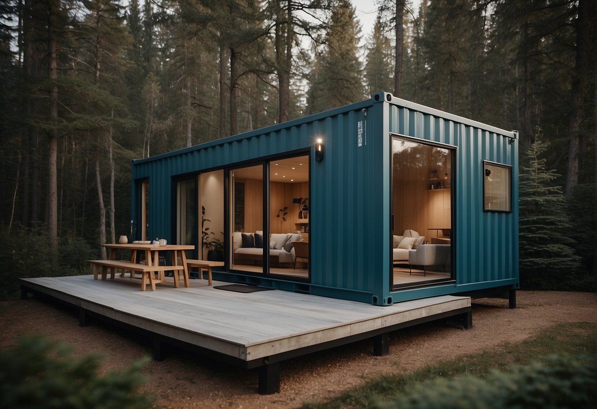 A container home sits on a foundation, surrounded by trees. The design includes large windows and a modern, minimalist aesthetic. The scene is peaceful, with no signs of seismic activity