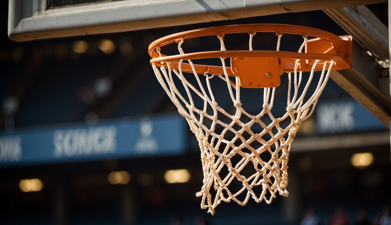 A basketball hoop hangs crookedly from a weathered backboard. The net is torn and dangling, and the rim is rusted