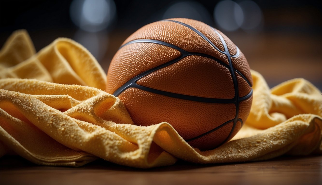 A basketball being wiped down with a damp cloth, then dried with a towel