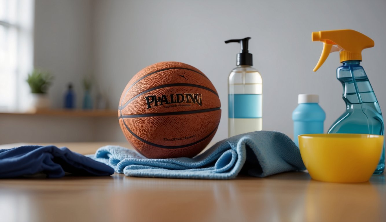 A basketball sits on a clean surface, surrounded by cleaning supplies. A hand reaches for a bottle of cleaner, ready to begin the pre-cleaning inspection