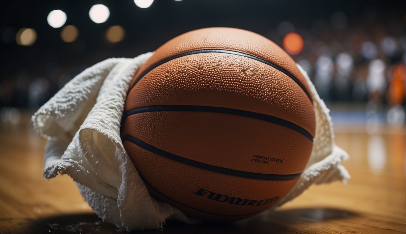 A basketball being wiped with a damp cloth, then dried thoroughly to maintain grip