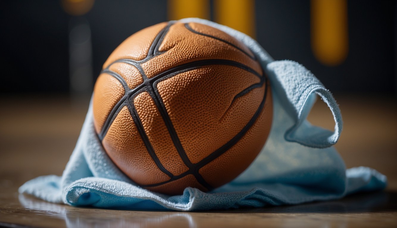 A basketball being cleaned with a damp cloth, avoiding soap or chemicals, to maintain its grip