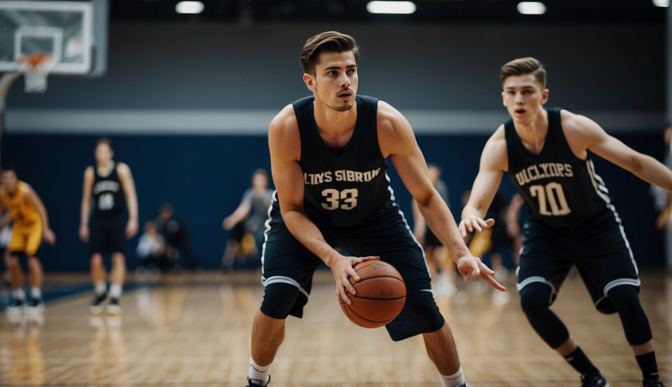 Players dribble, shoot, and run drills on the basketball court, while coaches observe and evaluate their skills for tryouts