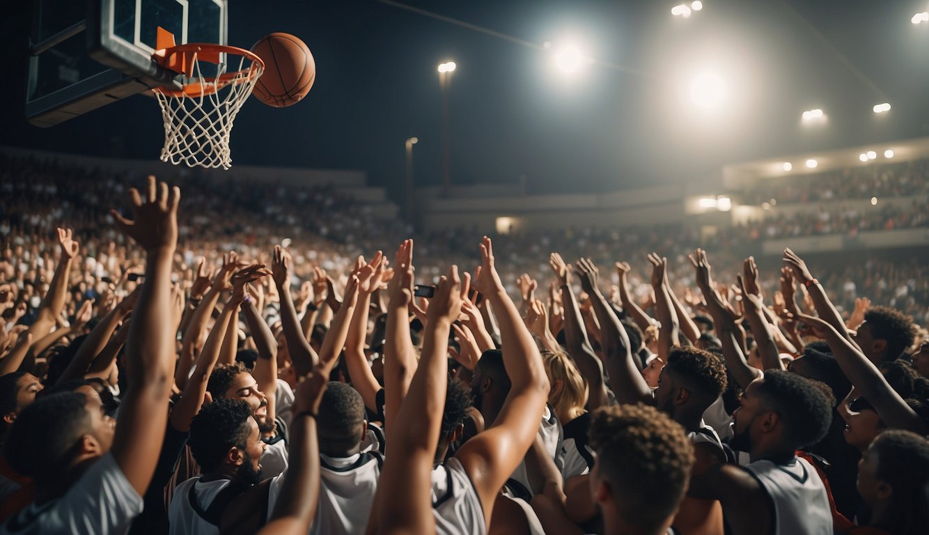 The basketball court is filled with players from Last Chance U, dribbling and shooting. The crowd cheers as the game intensifies