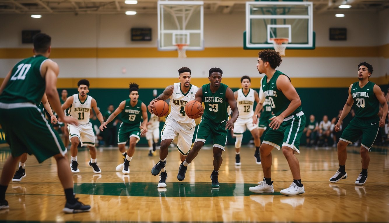 The East Los Angeles College Huskies basketball team in action on the court, showcasing their skills and teamwork