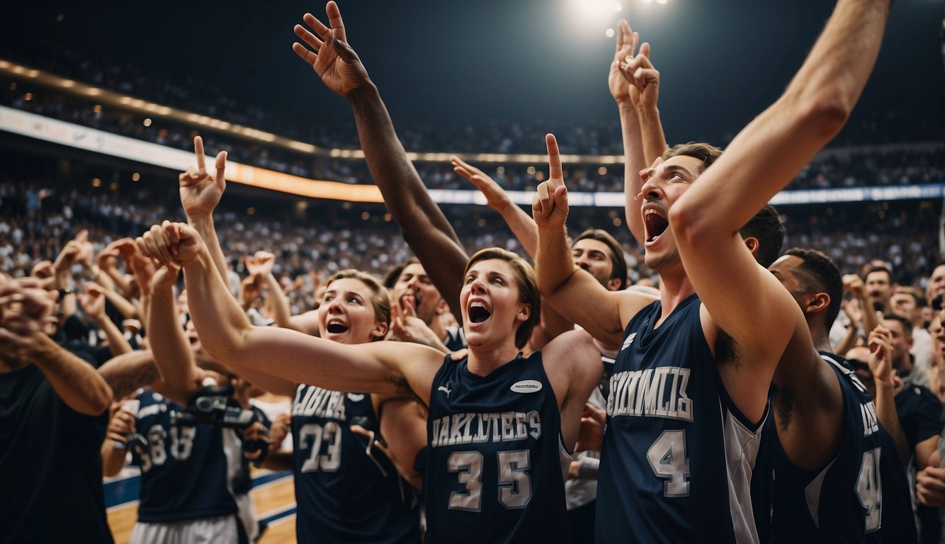 Players celebrate victory on the basketball court, surrounded by cheering fans and teammates. The scoreboard displays a winning score, while the players raise their arms in triumph