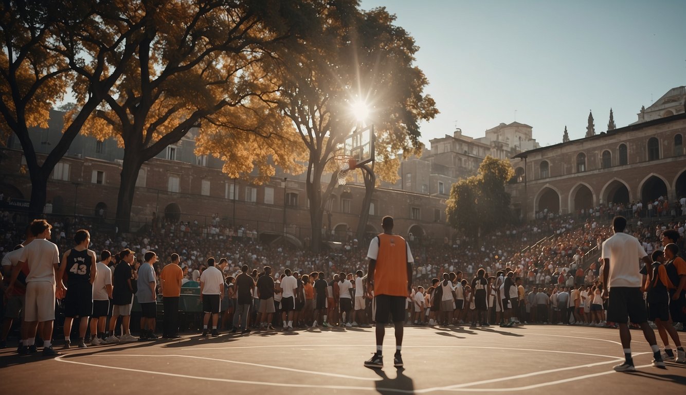 A basketball court surrounded by diverse spectators, with a backdrop of historical landmarks and cultural symbols. The court is filled with players from different backgrounds, showcasing the cultural impact and historical perspectives of the sport