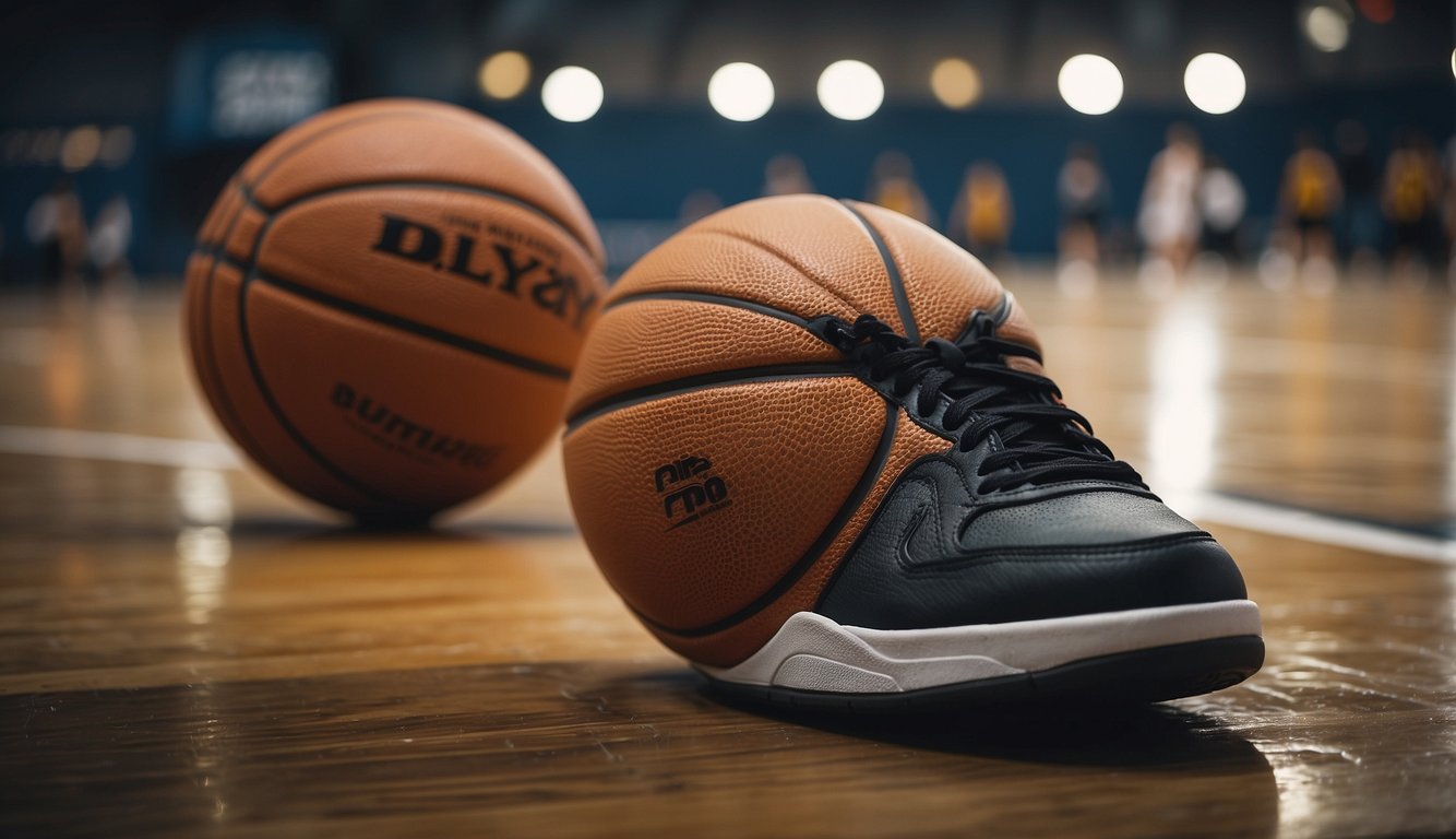 A basketball resting on a worn wooden court, surrounded by empty bleachers and the sound of sneakers squeaking against the floor